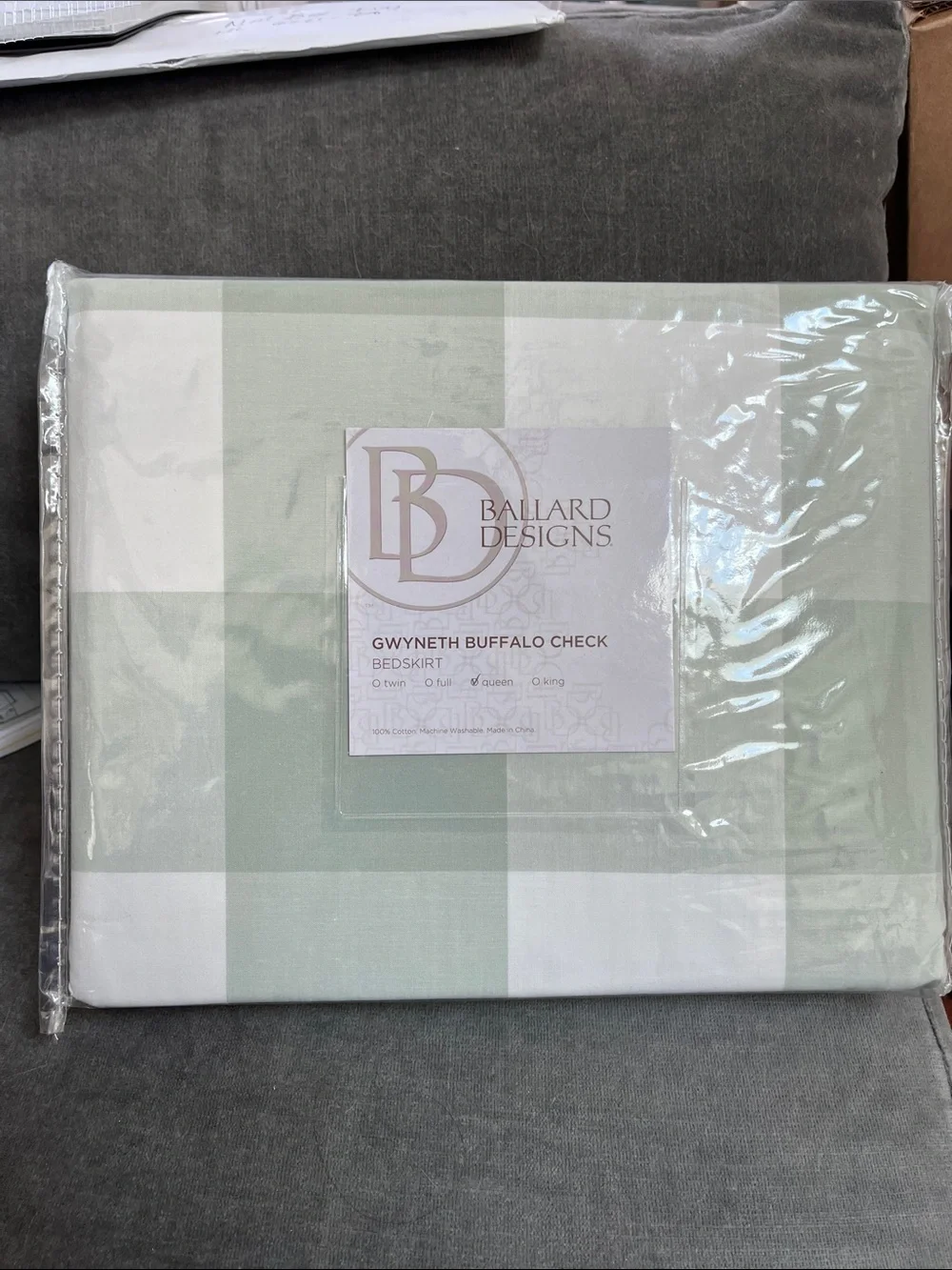 Ballard Designs Gwyneth Buffalo Check Bedskirt in Light Green and White